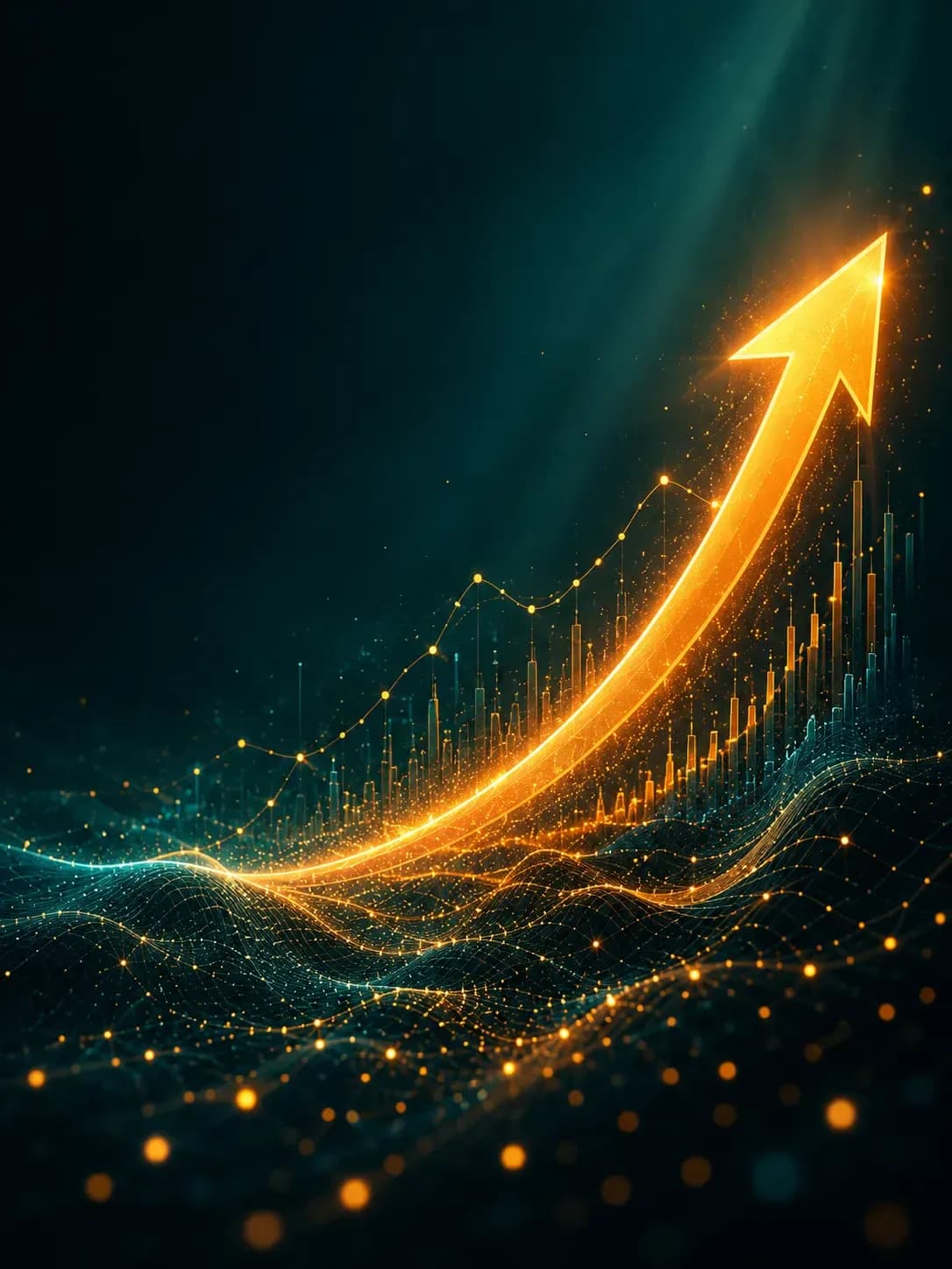 An abstract teal field with a single amber line ascending and breaking through the top edge - growth breaking through.